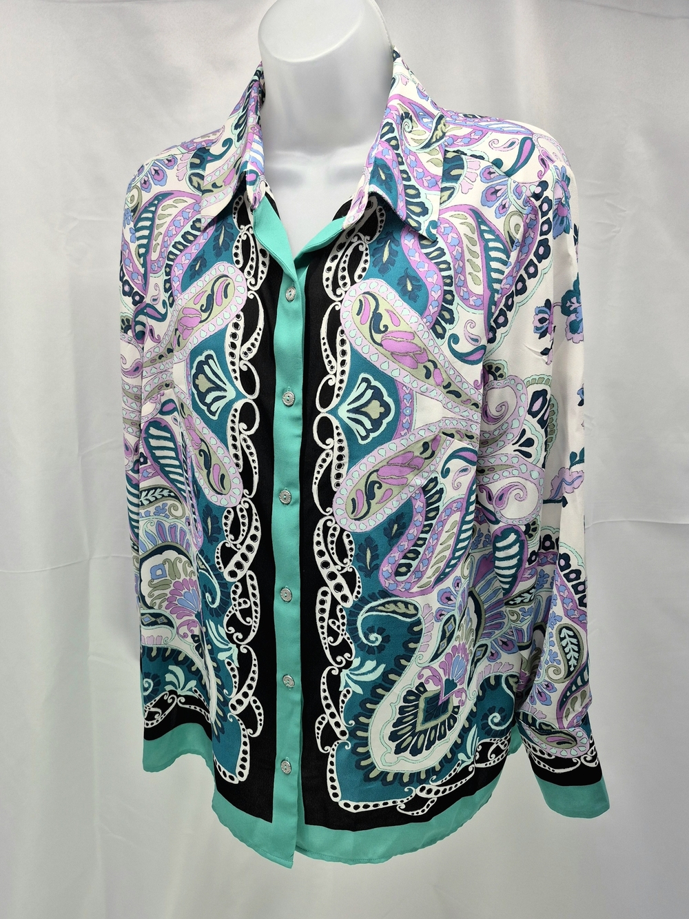 Cato NWOT Teal Purple Paisley Border Print Button Up Blouse Shirt Medium Career